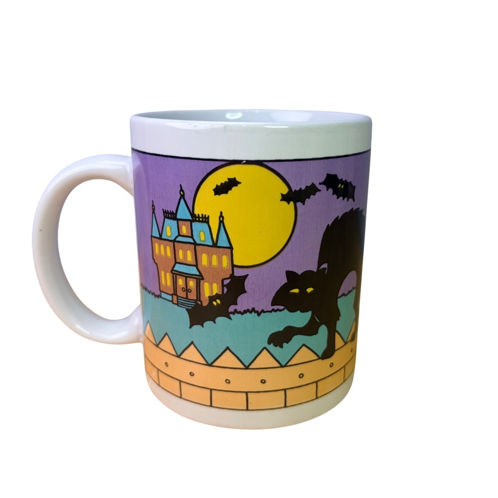 Spooky Black Cat Moon Bats Coffee Cup Mug Vtg Nostalgic Haunted House Halloween